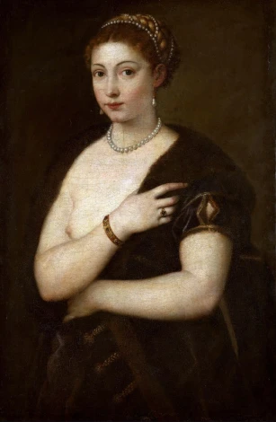 Reproduction of Madchen im Pelz by Titian - Graphic design. Woman in a dark dress with jewelry, gazing at the viewer.
