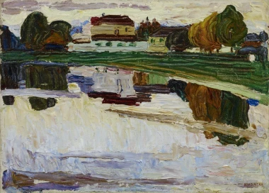 Nymphenburg reproduction by Wassily Kandinsky in a bright living room with light walls and wooden furniture.