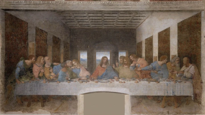 Reproduction of The Last Supper by Leonardo Da Vinci - Graphic design. Image shows a group of people at a table, centrally.