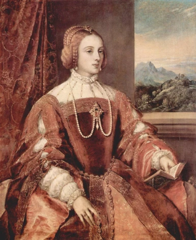 Reproduction of Portrait of Isabella of Portugal by Titian. Woman in a rich gown with jewelry, background included.