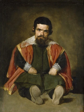 Reproduction of Portrait of Sebastian de Morra by Diego Velazquez. Man in a green outfit.
