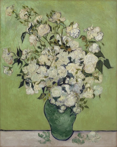 Reproduction of Roses by Vincent van Gogh - Graphic design. White roses in a green vase on a light background.