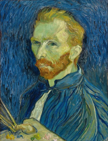 Self-portrait reproduction 1889 by Vincent van Gogh - Graphic design. Man with a beard and blue cloak in the background.