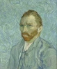 Reproduction of Self-Portrait 1889 by Vincent van Gogh. Man with a beard in a blue jacket against a wavy background.