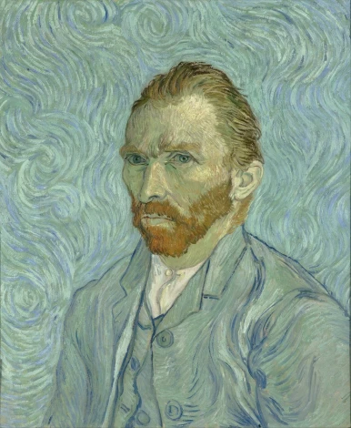 Reproduction of Self-Portrait 1889 by Vincent van Gogh. Man with a beard in a blue jacket against a wavy background.
