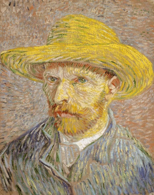 Reproduction of Self-Portrait with Straw Hat by Vincent van Gogh - Graphic design. The image features a man in a straw hat.