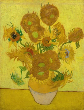 Sunflowers reproduction by Vincent van Gogh - Graphic design. Yellow background with a bouquet of sunflowers in a vase.