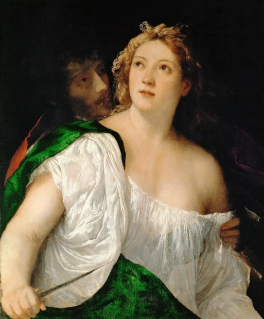 Reproduction of Tarquin and Lucretia by Titian. Woman in a white dress with green detail, man beside her.