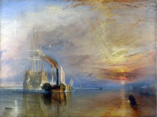 Reproduction of The Fighting Temeraire being towed to its last berth for dismantling, by William Turner - Graphic design.