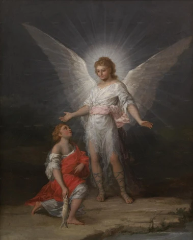 Reproduction of Tobias and the Angel by Francisco Goya - Graphic design featuring dynamic poses of Tobias and the angel.