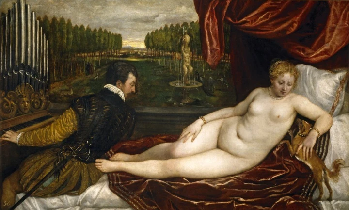 Reproduction of Venus with an organist and a small dog by Titian. A nude woman reclines on a sofa beside them.