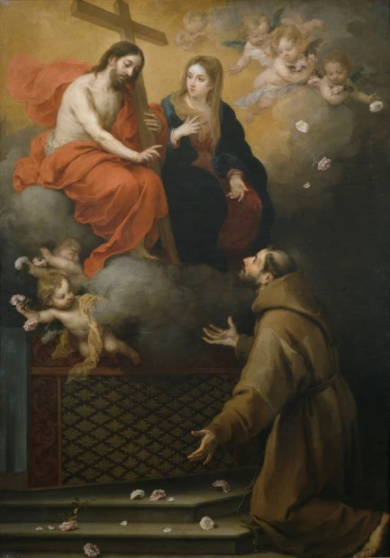 Reproduction of Vision of San Francisco in Porciuncula by Bartolomé Esteban Murillo - Graphic design. Figures in clouds.