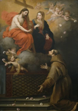 Reproduction of Vision of San Francisco in Porciuncula by Bartolomé Esteban Murillo - Graphic design. Figures in clouds.