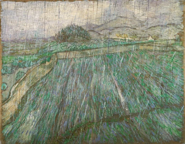 Reproduction of Wheat Field in Rain by Vincent van Gogh - Graphic design. The image depicts a wheat field in the rain.