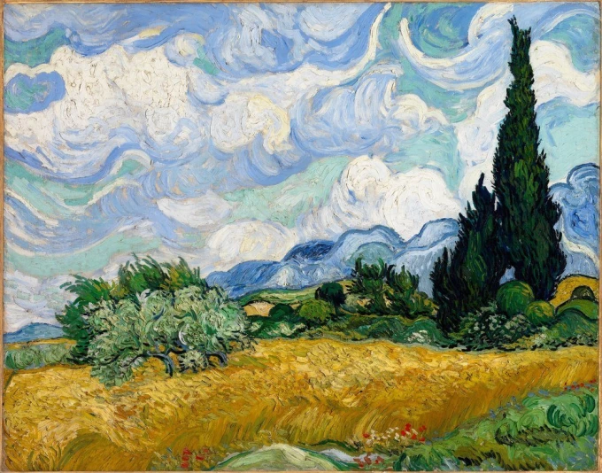 Reproduction of Wheat Field with Cypresses by Vincent van Gogh. The artwork features a wheat field, cypress trees, and sky.