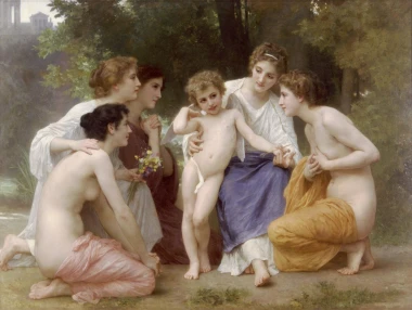 Reproduction of Admiration by William-Adolphe Bouguereau - Graphic design featuring women surrounding a boy in various poses.