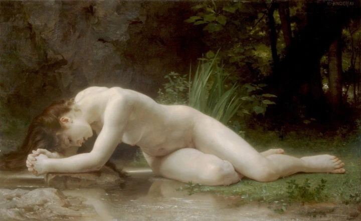 Reproduction of Byblis by William-Adolphe Bouguereau. A woman lies on her stomach, resting her head on her hands.