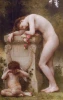 Reproduction of Elegy by William-Adolphe Bouguereau. Female figure on a pedestal with a crying angel nearby.