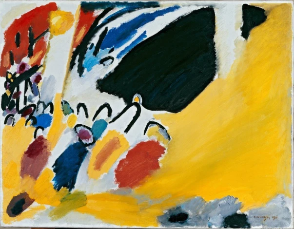 Reproduction of Impression III, Concert by Wassily Kandinsky - Graphic design in yellow, blue, red, and black colors.