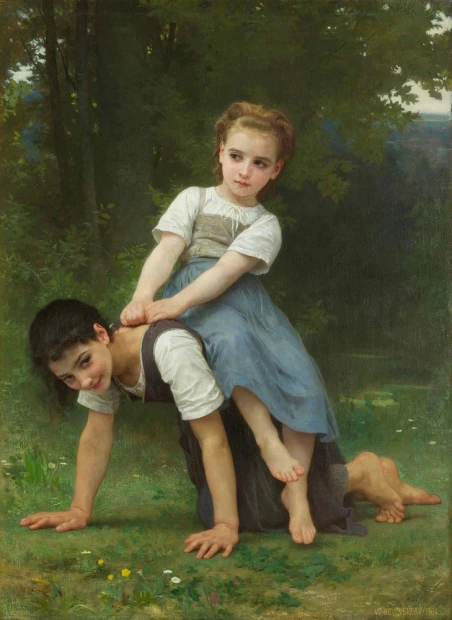Reproduction of La Bourrique by William-Adolphe Bouguereau. Two girls playing on the grass, one sitting.