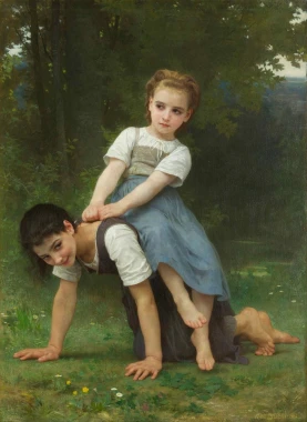 Reproduction of La Bourrique by William-Adolphe Bouguereau. Two girls playing on the grass, one sitting.