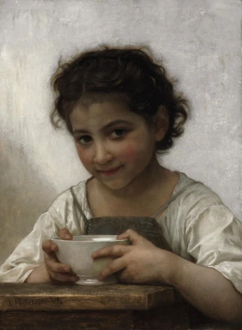 Reproduction of La soupe au lait by William-Adolphe Bouguereau. A boy smiles while holding a bowl.