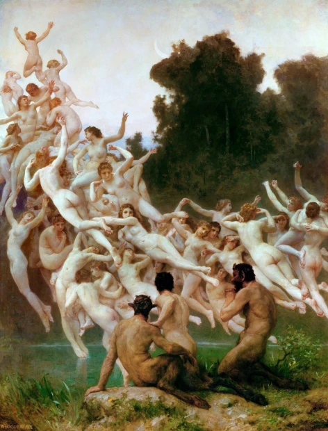 Reproduction of Les Oreades by William-Adolphe Bouguereau - Graphic design featuring nude figures in motion surrounded by nature.