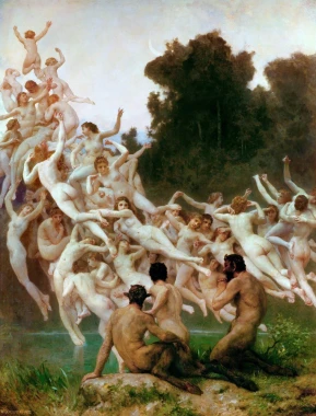 Reproduction of Les Oreades by William-Adolphe Bouguereau - Graphic design featuring nude figures in motion surrounded by nature.