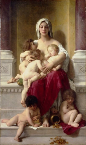 Reproduction of Love by William-Adolphe Bouguereau - Graphic design featuring a mother with children in warm tones.