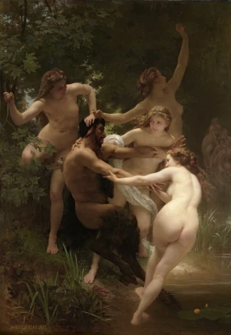 Reproduction of Nymphs and Satyr by William-Adolphe Bouguereau - Graphic design featuring figures in motion surrounded by nature.