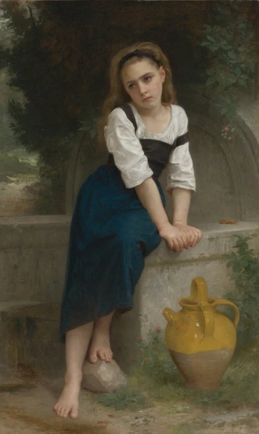 Reproduction of Orphan by William-Adolphe Bouguereau - Graphic design. A girl sits on a wall next to a pitcher.