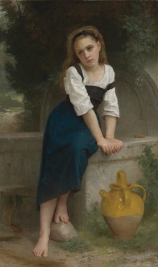 Reproduction of Orphan by William-Adolphe Bouguereau - Graphic design. A girl sits on a wall next to a pitcher.