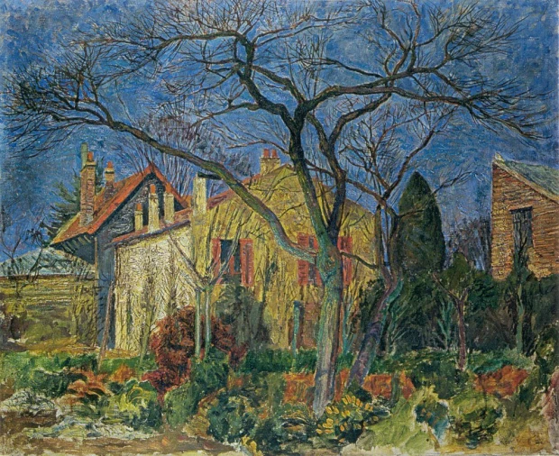 Landscape reproduction from Meaux by Zygmunt Waliszewski. The image depicts houses surrounded by trees and shrubs.