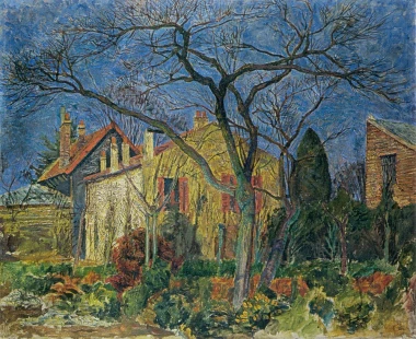 Landscape reproduction from Meaux by Zygmunt Waliszewski. The image depicts houses surrounded by trees and shrubs.