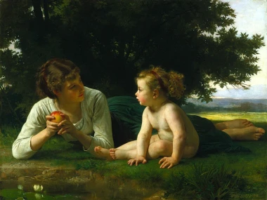 Temptation reproduction by William-Adolphe Bouguereau - Living room arrangement with light-colored walls and natural light.