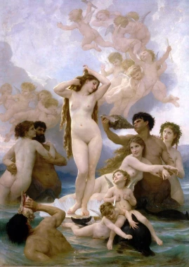 Reproduction of The Birth of Venus by William-Adolphe Bouguereau - Graphic design featuring human figures in various poses and water.