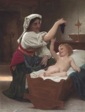 Reproduction of The Bunch of Grapes by William-Adolphe Bouguereau - Interior arrangement with a bed and muted wall colors.