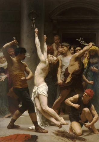 Reproduction of The Flagellation of Our Lord Jesus Christ by William-Adolphe Bouguereau - Graphic print featuring a figure.