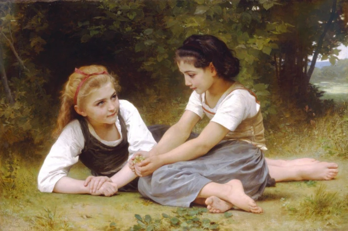 Reproduction of The Nut Gatherers by William-Adolphe Bouguereau. Two girls sit on the grass, one holding