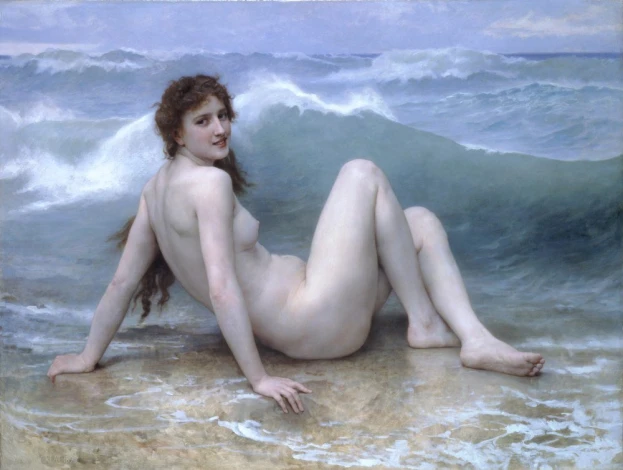Reproduction of The Wave by William-Adolphe Bouguereau. A woman sits on the beach with waves in the background.