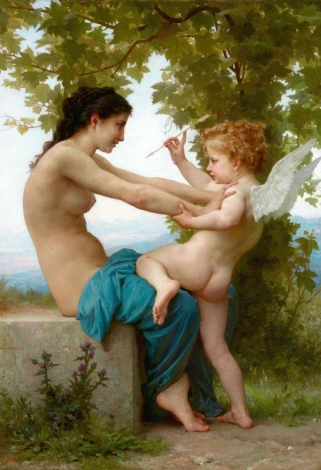 Reproduction of A Young Girl Defending Herself from Eros by William-Adolphe Bouguereau - Graphic design. Female figure.
