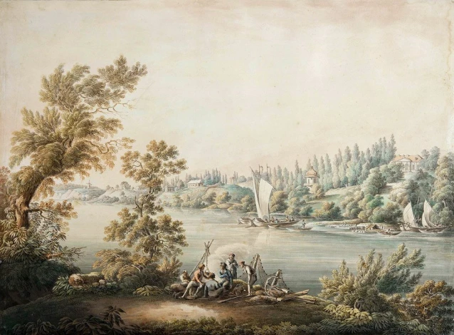 Print of Młociny View by Zygmunt Vogel. Scene features a river with boats, trees, and figures.