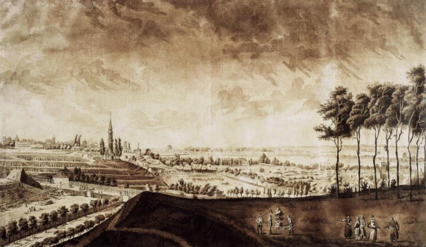 Reproduction of the gardens of Kazimierz Poniatowski in Warsaw by Zygmunt Vogel - Graphic design artwork.