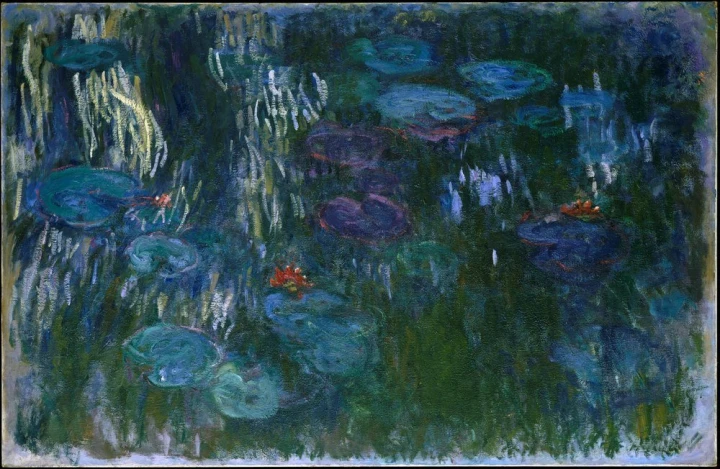 Water Lilies reproduction, 1916, by Claude Monet - Graphic design featuring water lilies on dark water with greenery.