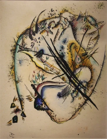 Watercolour reproduction with seven strokes by Wassily Kandinsky. Features abstract shapes and lines.