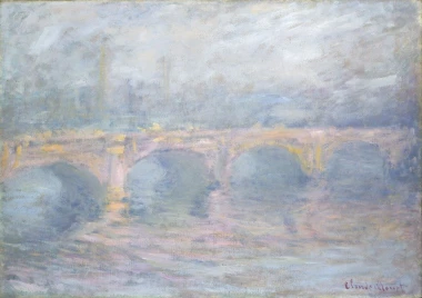 Waterloo Bridge, London at Sunset by Claude Monet - Graphic print. The image features the bridge with arch reflections.