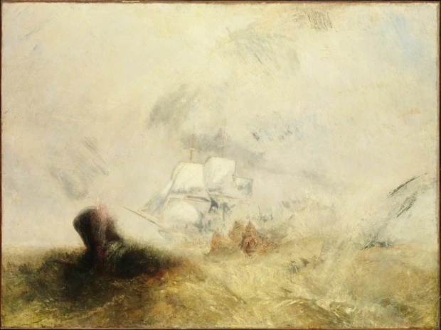 Whalers reproduction by William Turner. The image depicts a ship amidst fog and waves.