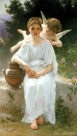 Reproduction of Whisperings of Love by William-Adolphe Bouguereau. Woman in a white dress sitting beside.
