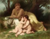 Reproduction of Young Woman Contemplating Two Embracing Children by William-Adolphe Bouguereau - Graphic design. Woman in light.