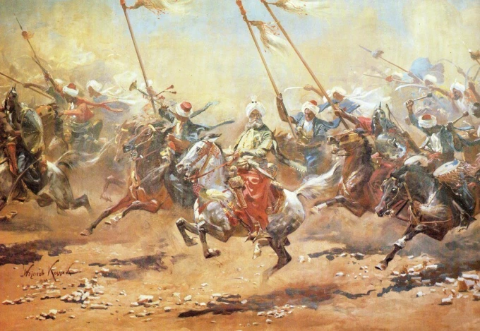 Battle of the Pyramids reproduction, sketch by Wojciech Kossak. Dynamic figures of riders on moving horses.